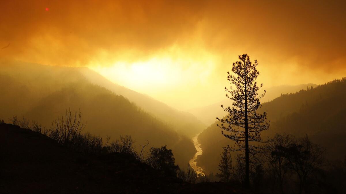 Smoke fills the sky as the Camp fire continues to burn along the North Fork of the Feather River.