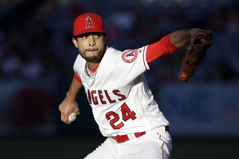 Los Angeles Angels starting pitcher Noe Ramirez throws to an Oakland Athletics batter during the first inning of a baseball game Friday, June 28, 2019, in Anaheim, Calif. (AP Photo/Marcio Jose Sanchez)