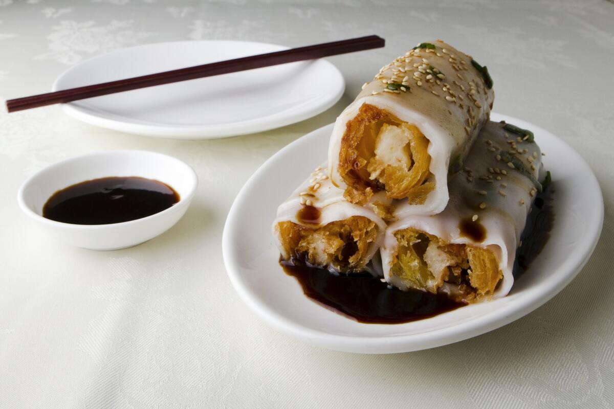 Freshly fried cruller rolls are stuffed with a kind of shrimp mousse.