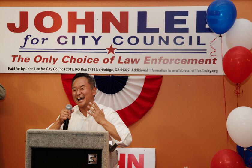 PORTER RANCH, CALIF. - AUGUST 14, 2019: Councilman John Lee gives his acceptance speech following his win for the Los Angeles City Council District 12 on Wednesday, Aug. 14, 2019 in Porter Ranch, Calif. (Liz Moughon / Los Angeles Times)