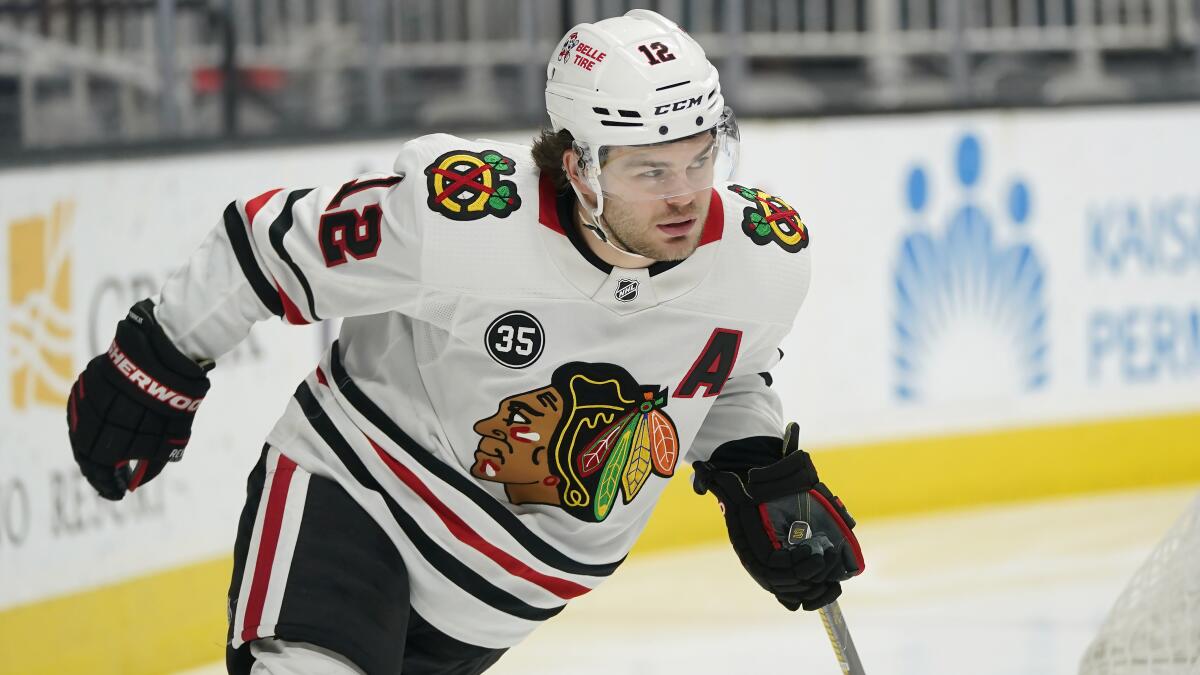 Chicago Blackhawks left wing Alex DeBrincat against the San Jose Sharks during an NHL hockey game in San Jose, Calif., April 23, 2022. The Blackhawks made the biggest trade so far by sending DeBrincat to the Ottawa Senators for the seventh and 39th pick this year and a third-rounder in 2024. (AP Photo/Jeff Chiu, file)