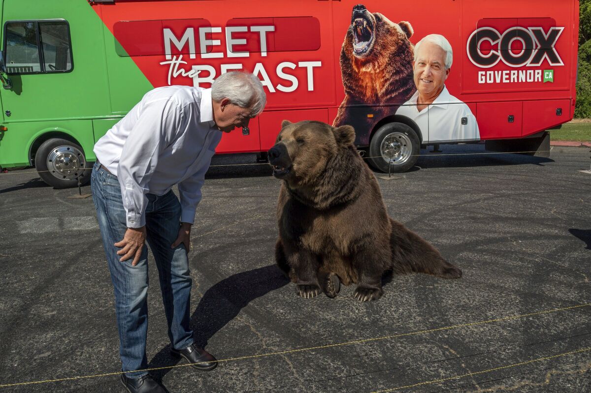 John Cox bends down to interact with a bear seated near his campaign bus