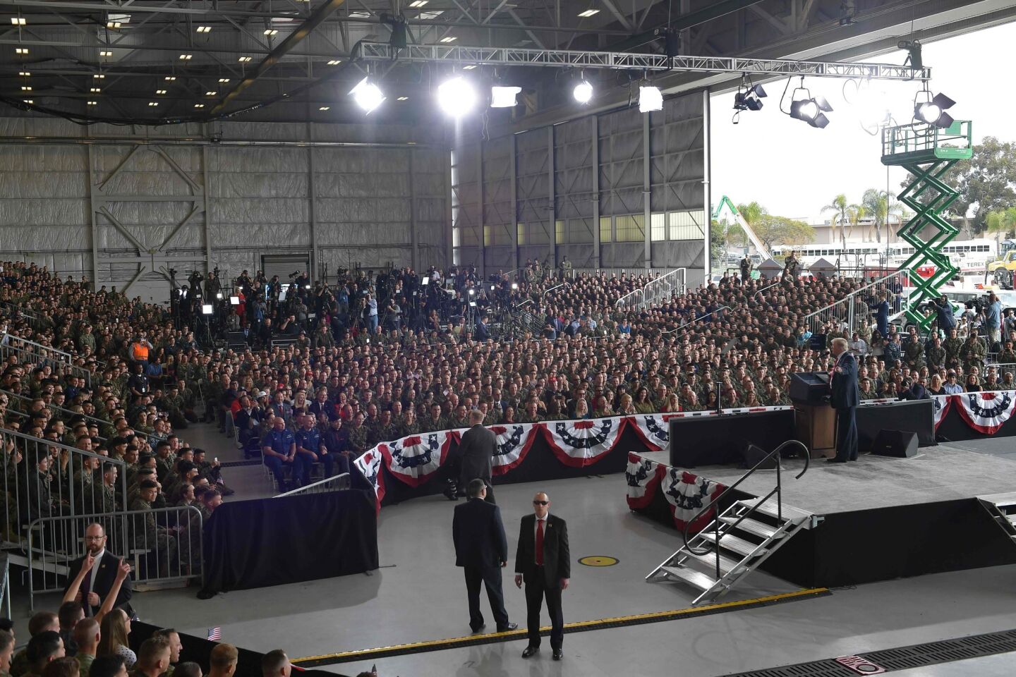 President Trump speaks to military personnel at Marine Corps Air Station Miramar in San Diego.
