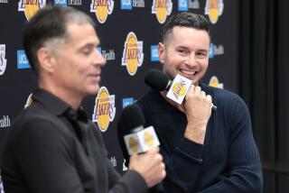 El Segundo, California September 25, 2024-Lakers GM Rob Pelinka, and head coach JJ Redick answer questions during a press conference at the UCLA Health Training Center in El Segundo Wednesday. (Wally Skalij/Los Angeles Times)