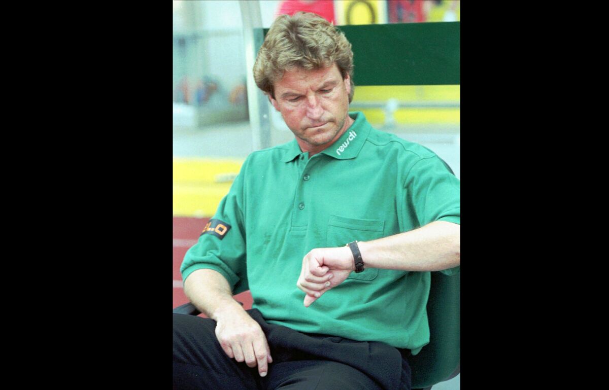FILE- Hans-Juergen Doerner, coach of German Bundesliga club Werder Bremen, looks on in Bremen, Germany, Aug. 9, 1997. Hans-Juergen “Dixie” Duerner, one of East Germany and Dynamo Dresden’s greatest ever soccer players, has died it was announced Wednesday, Jan. 19, 2022. The Doerner family say the former defensive all-rounder died the night before at home in Dresden after a long illness. (AP Photo/Joerg Sarbach, file)