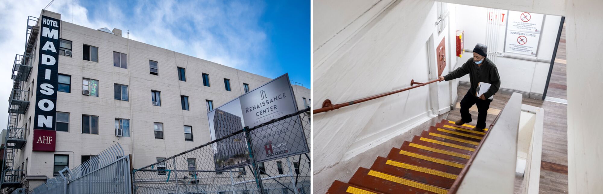 A diptych of a building with a sign reading "Madison AHF" on the left, and a man ascending stairs on the right.  