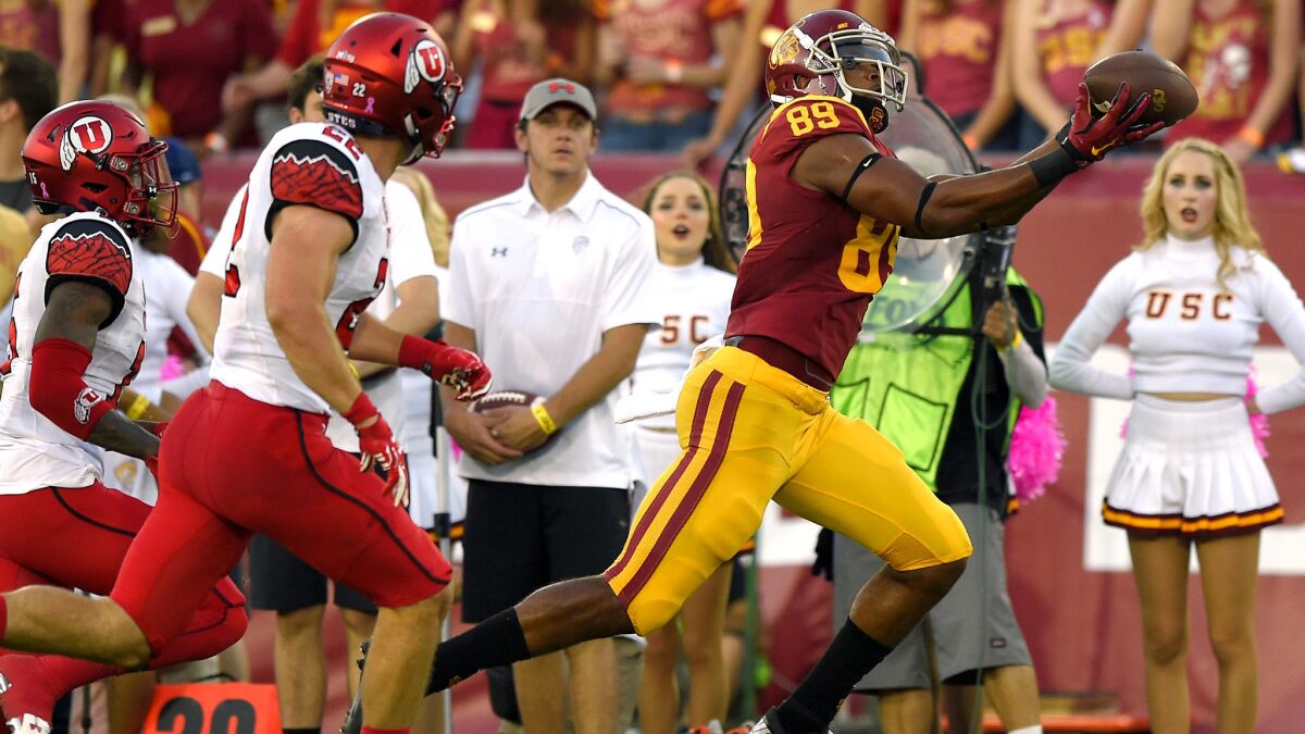 USC wide receiver De'Quan Hampton makes a catch against Utah during a game on Oct. 24.