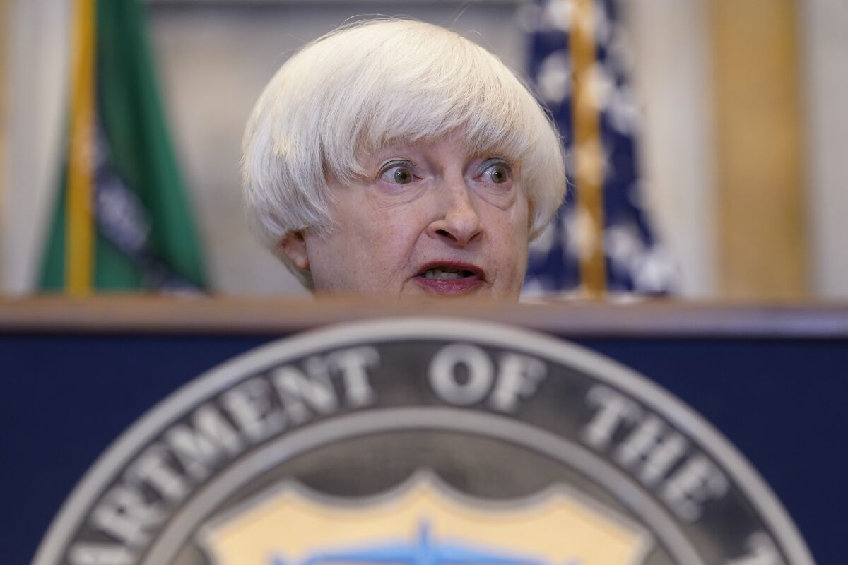 Treasury Secretary Janet Yellen speaks during a news conference at the Treasury Department in Washington, Thursday, April 21, 2022. (AP Photo/Susan Walsh)