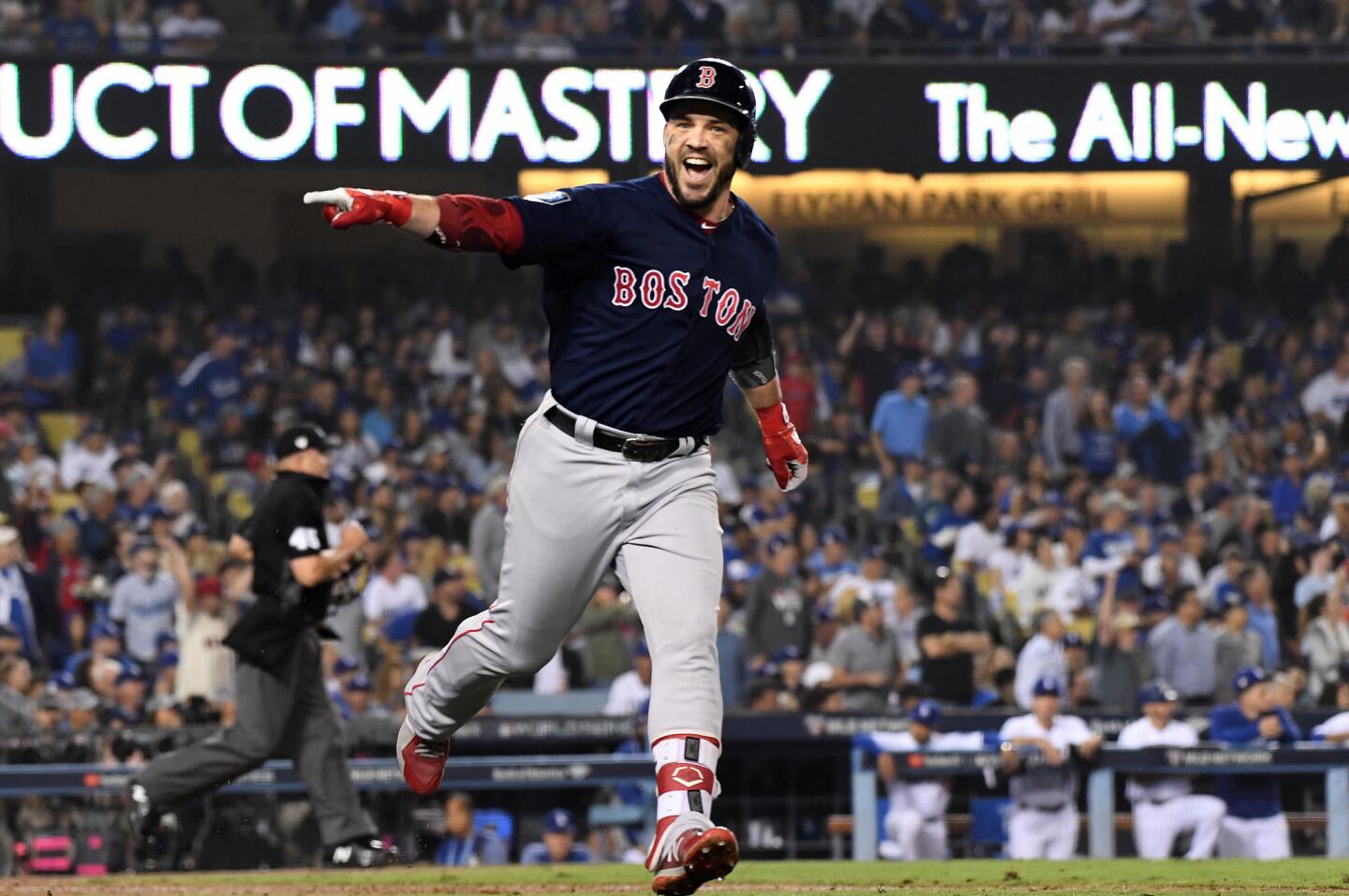 Red Sox first baseman Steve Pearce celebrates his second home run of the game against the Dodgers during the eighth inning.