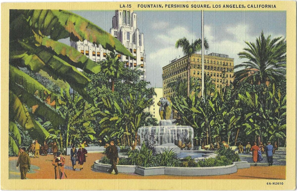 Title Guarantee building is in the background of a scene at Pershing Square, with lush foliage and people around a fountain.