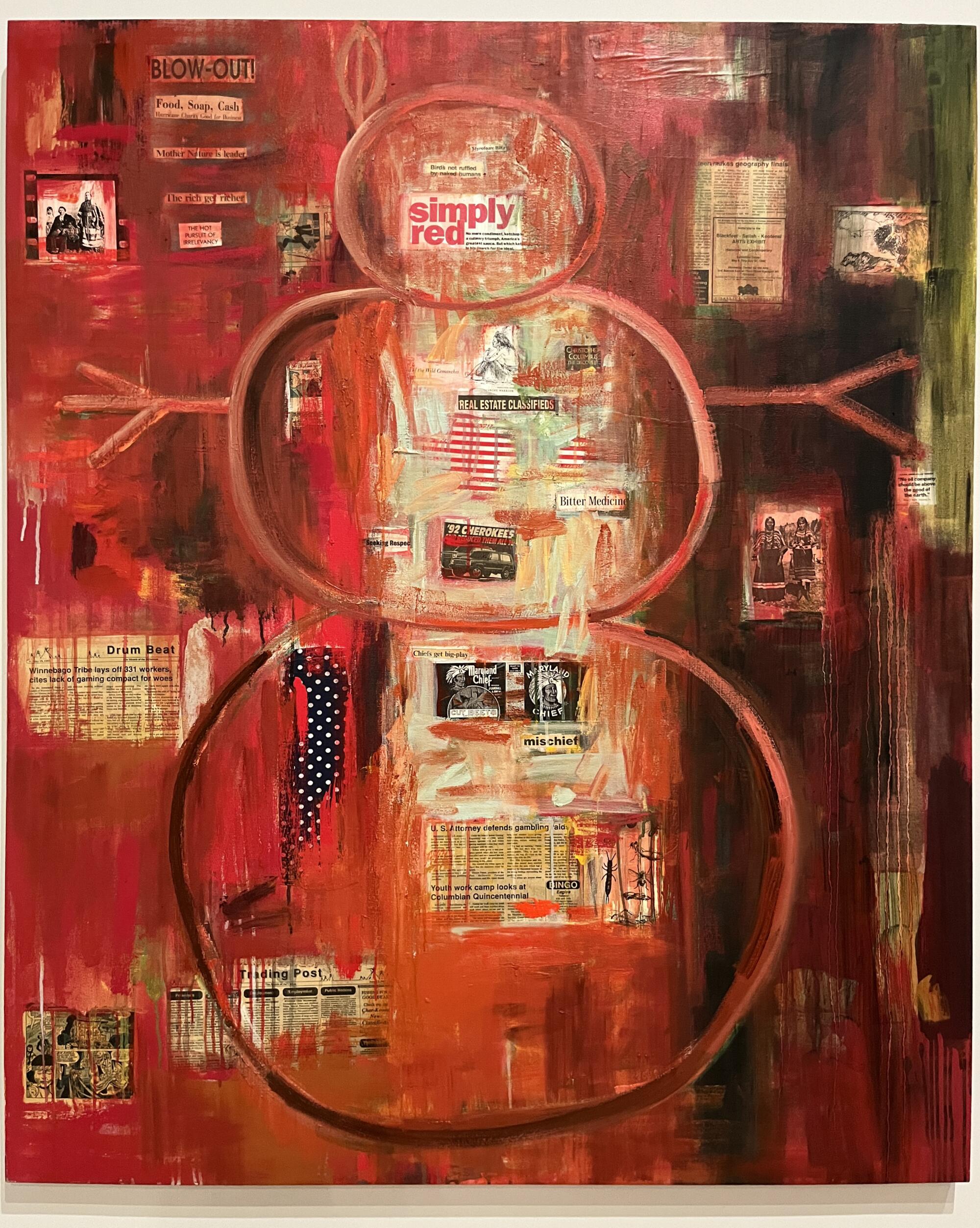 A vertical canvas features an outline of a snowman over a red collaged backdrop with news clips and a U.S. flag.
