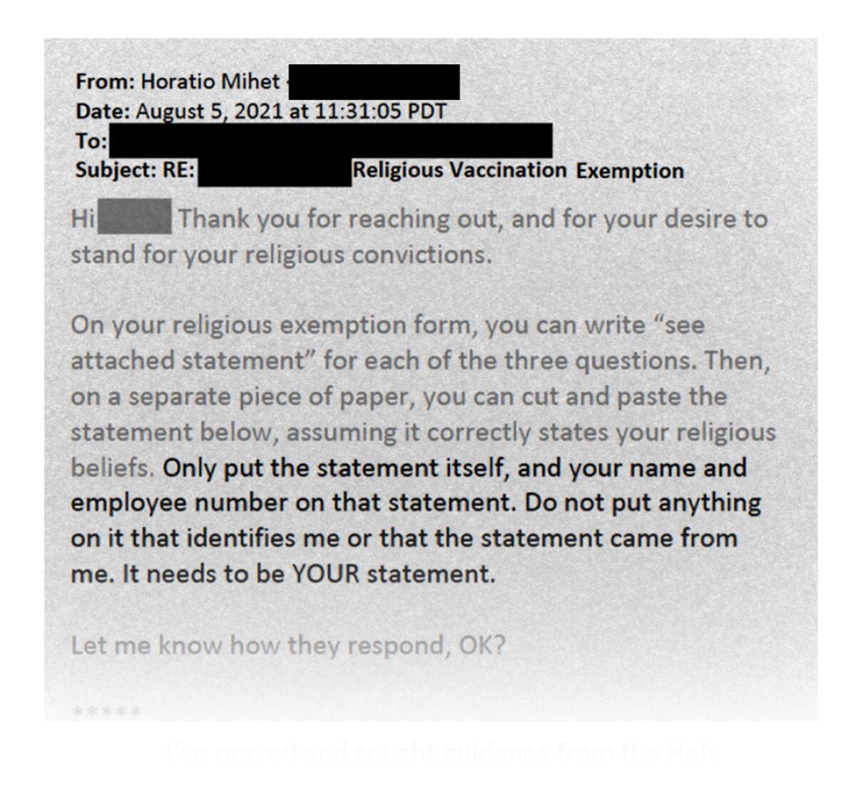 An email has boldface words including "Do not put anything on it that identifies me or that the statement came from me."