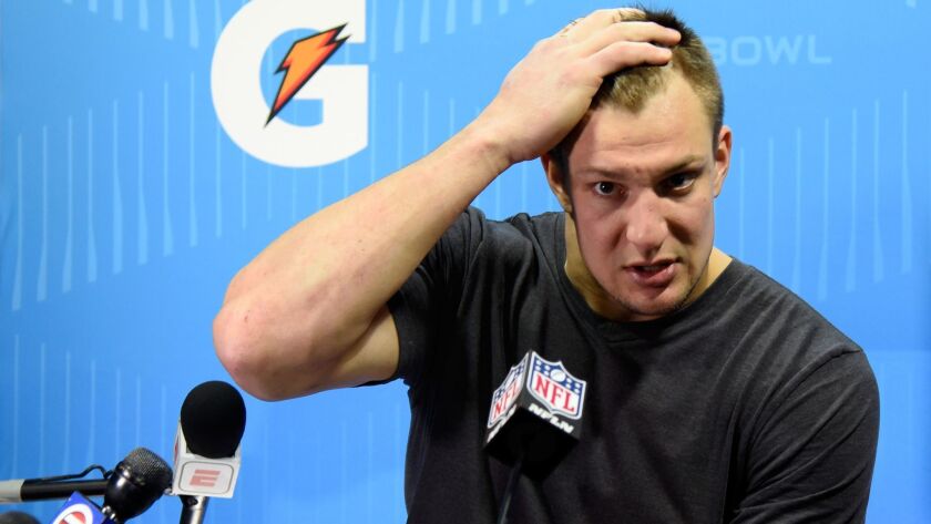 New England tight end Rob Gronkowski speaks to the media after the Patriots' 41-33 loss to Philadelphia in Super Bowl LII.