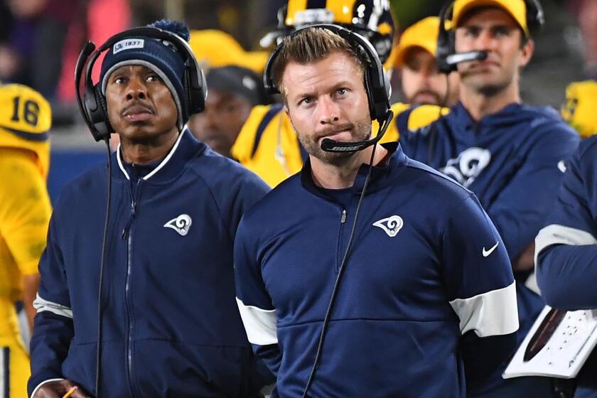 LOS ANGELES, CA - NOVEMBER 25: Head coach Sean McVay of the Los Angeles Rams looks on from the sidelines duirng the fourth quarter of the game against the Baltimore Ravens at the Los Angeles Memorial Coliseum on November 25, 2019 in Los Angeles, California. (Photo by Jayne Kamin-Oncea/Getty Images)