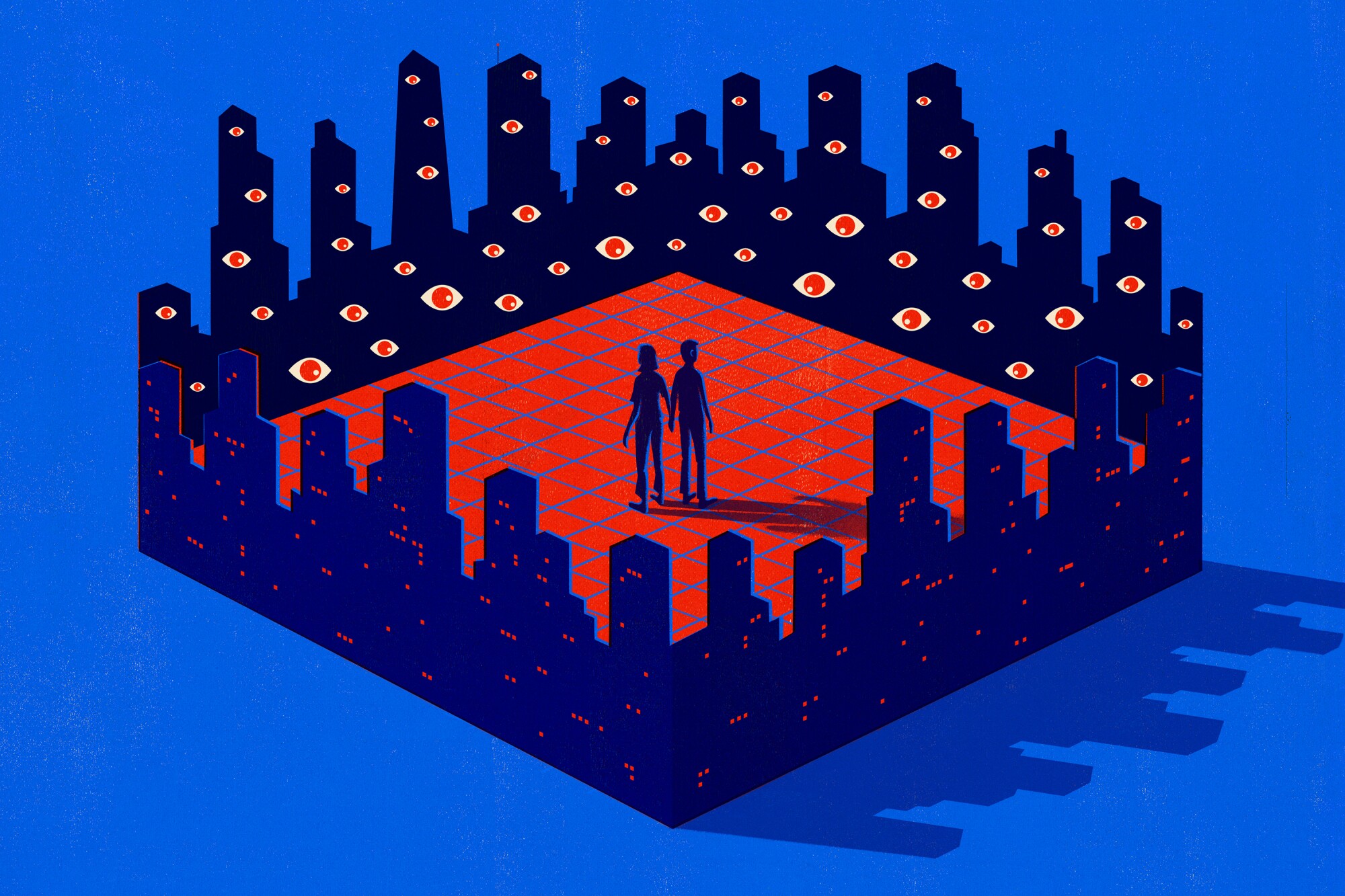 A stylized illustration of a couple inside a city with eyes all around them 