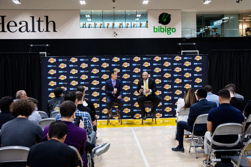 New Lakers coach Darvin Ham and general manager Rob Pelinka.