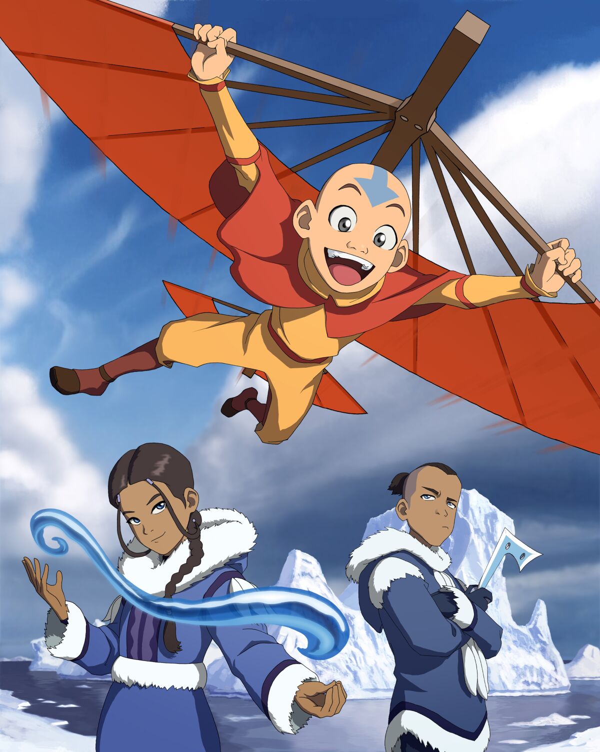 An animated boy uses a fan to glide over two people in a snowy landscape.