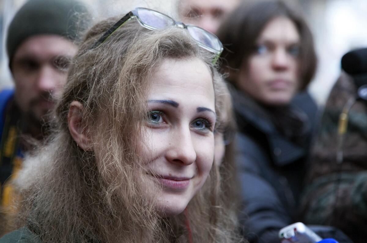 Maria Alyokhina, one of the jailed members of anti-Kremlin punk band Pussy Riot, is pictured after being freed Monday.