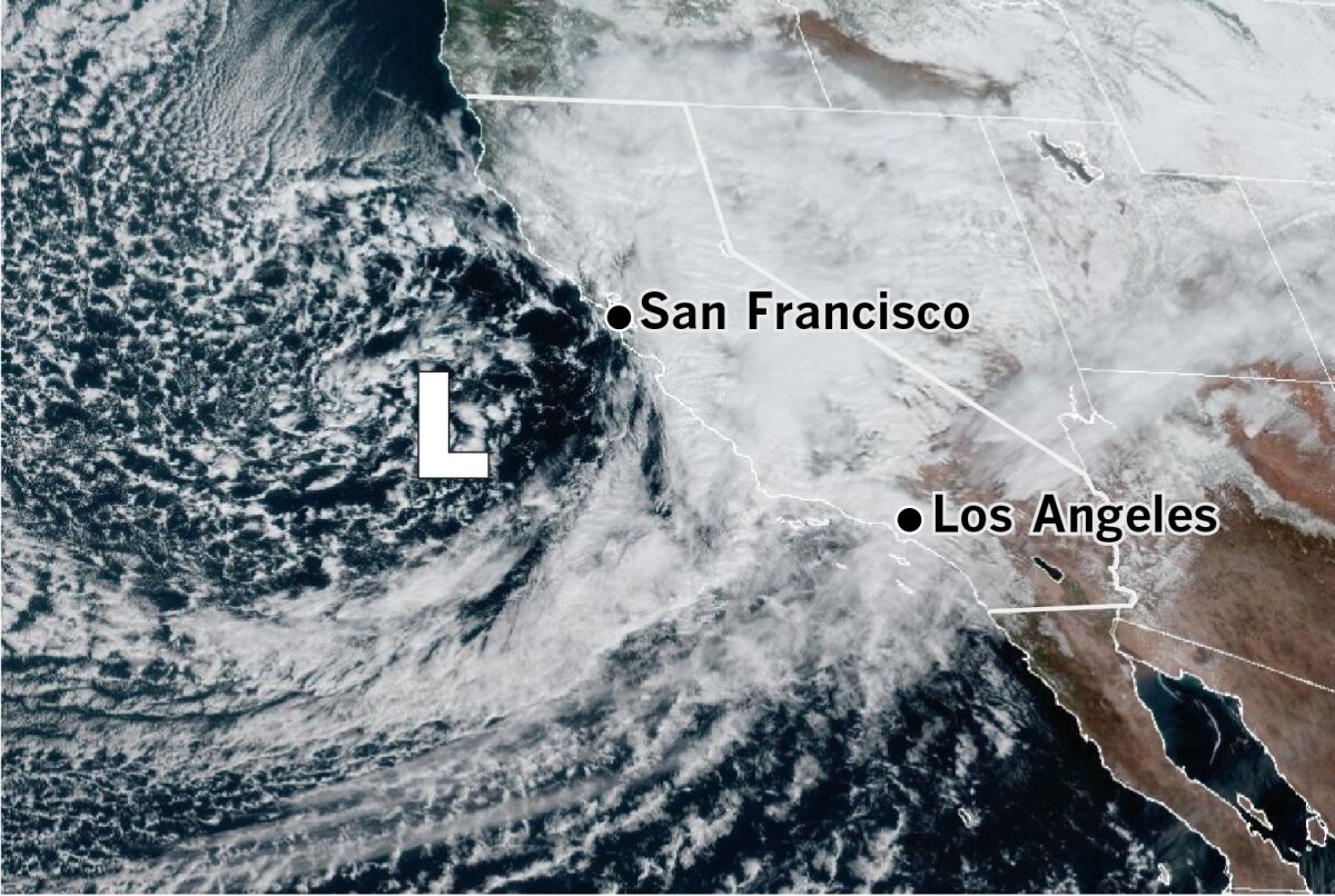 A satellite image of an approaching storm off Central California.