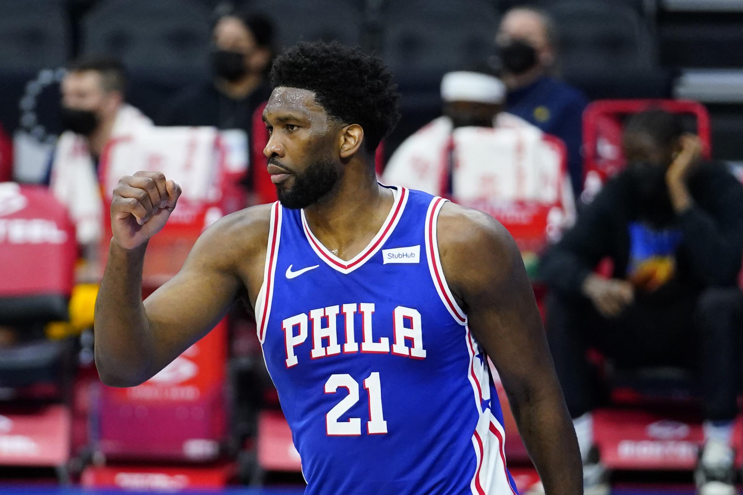 Philadelphia 76ers star Joel Embiid reacts after scoring against the Indiana Pacers on March 1. 