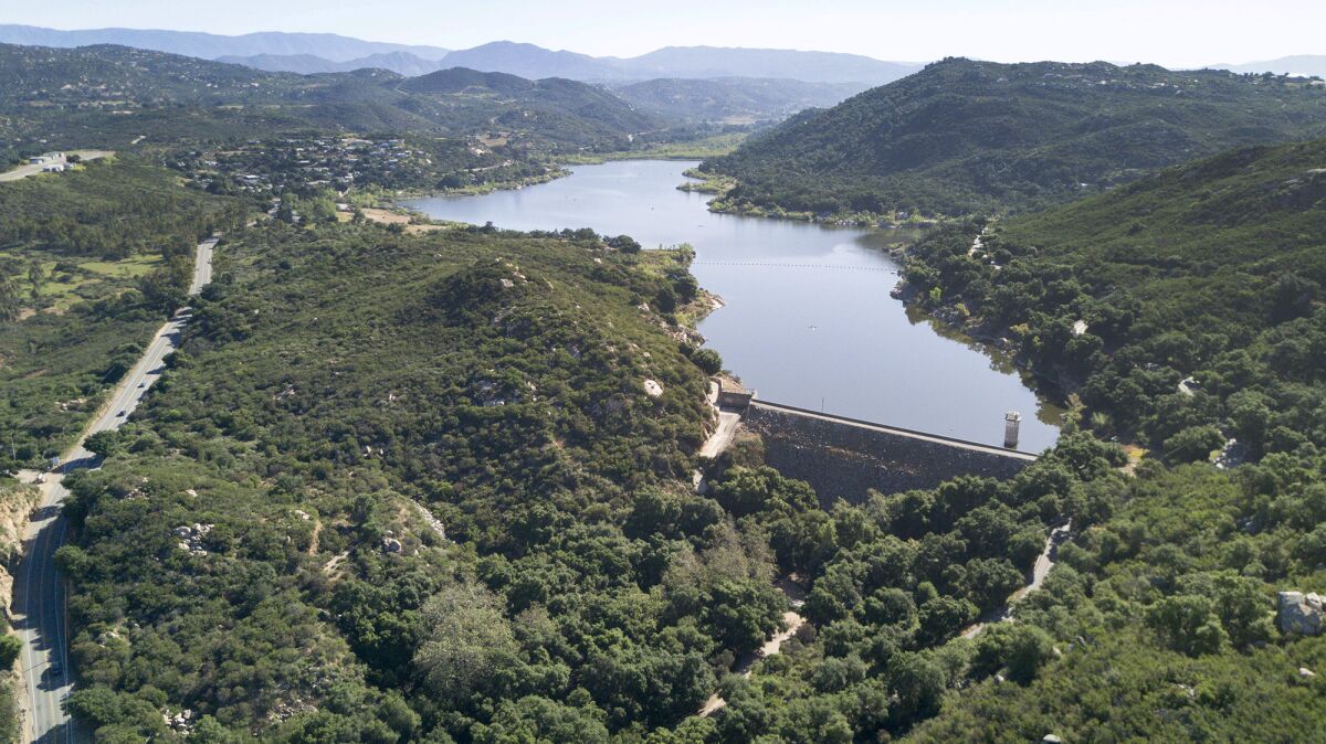 Lake Wohlford just east of Escondido. In 2007 the water level at Lake Wohlford was lowered when the top part of the dam was deemed by state inspectors to be unsafe in the event of a major earthquake.