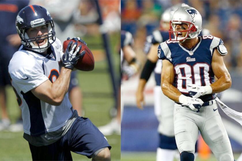 Denver Broncos wide receiver Wes Welker, left, and New England Patriots wideout Danny Amendola, right, are new faces on teams slated to make a run at the playoffs.