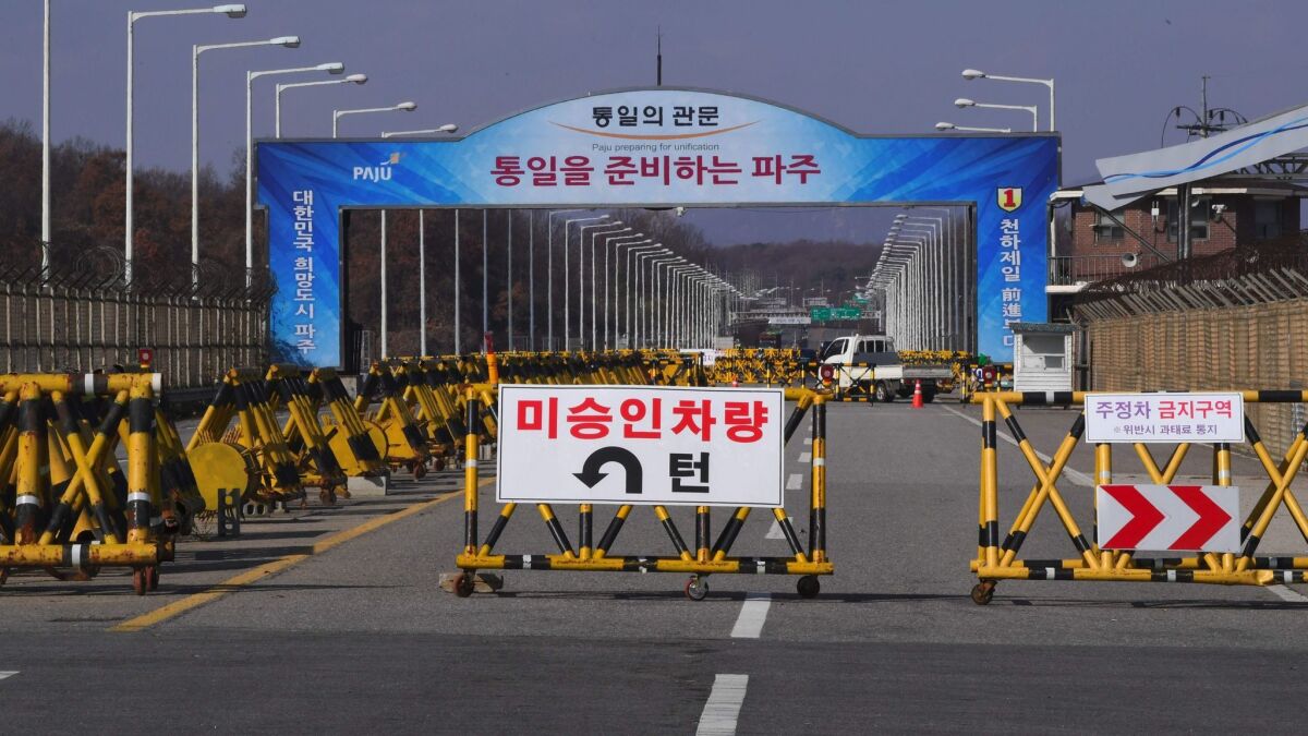 This Nov. 14, 2017, photo shows barricades on the road leading to the truce village of Panmunjom near the Demilitarized Zone dividing North Korea and South Korea.