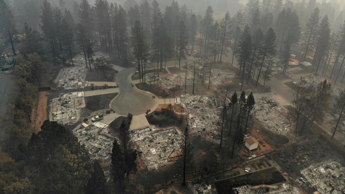 An aerial view of a neighborhood in Paradise, Calif., shows the destruction from the Camp fire, which burned nearly 14,000 homes.