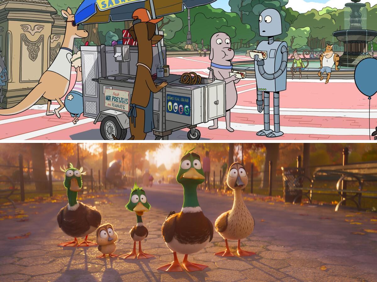 A dog and robot get a hot dog at top in "Robot Dreams"; and a wide-eyed duck family gathers in a scene from "Migration."