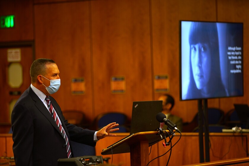 An attorney in court with a video screen