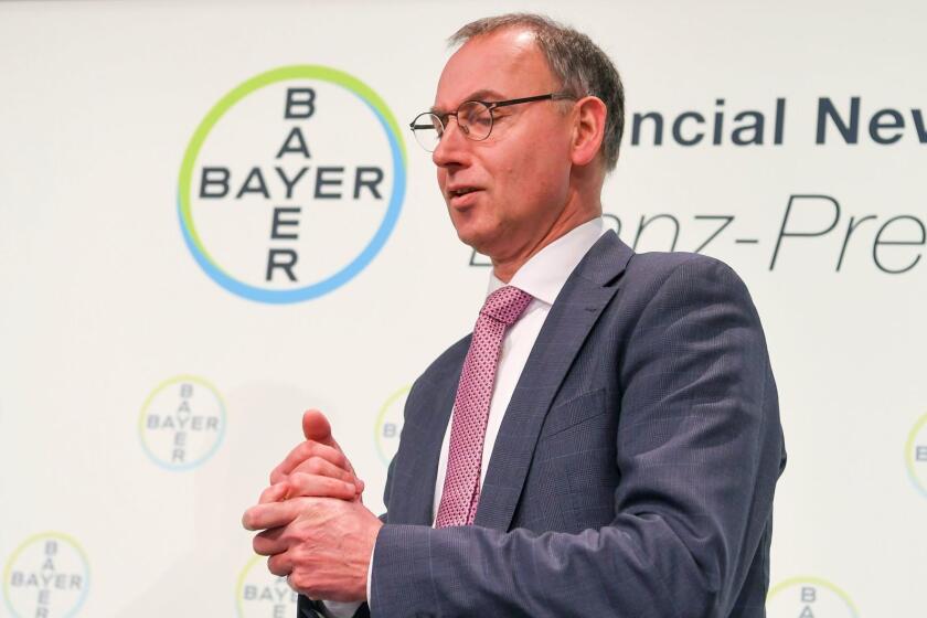 The CEO of German chemicals giant Bayer Werner Baumann speaks during the company's annual results press conference on February 28, 2018 in Leverkusen. German chemicals and pharmaceuticals giant Bayer said on February 28, 2018 that its profits soared 2017 and it is confident the planned mega-merger with US seeds and pesticides maker Monsanto will go ahead this year. Net profit at the Leverkusen-based maker of Aspirin jumped 62 percent to 7.3 billion euros ($8.9 billion) last year. / AFP PHOTO / Patrik STOLLARZPATRIK STOLLARZ/AFP/Getty Images ** OUTS - ELSENT, FPG, CM - OUTS * NM, PH, VA if sourced by CT, LA or MoD **
