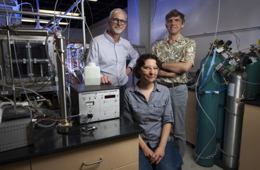 UC Irvine chemists James Smith, Veronique Perraud and Sergey Nizkorodov pose for a photo. The scientists analyzed emissions during a typical hookah smoking session to characterize 
