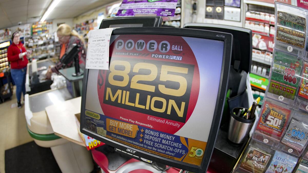 Closeup of a screen with a Powerball lottery total in a small market.