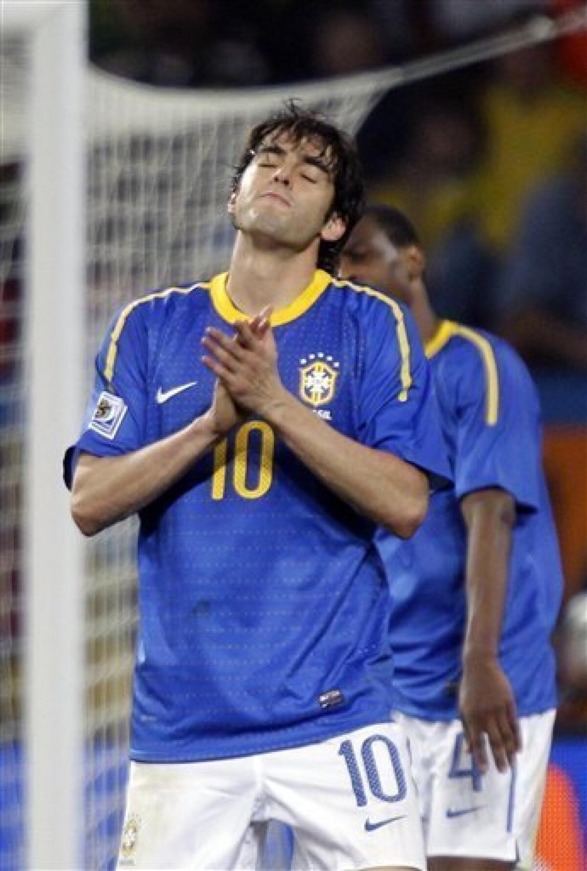 Brazil's Kaka reacts during the World Cup quarterfinal soccer match between the Netherlands and Brazil at Nelson Mandela Bay Stadium in Port Elizabeth, South Africa, Friday, July 2, 2010. Netherlands defeated Brazil 2-1 on Friday, becoming the first semifinalist of the World Cup. (AP Photo/Andre Penner)