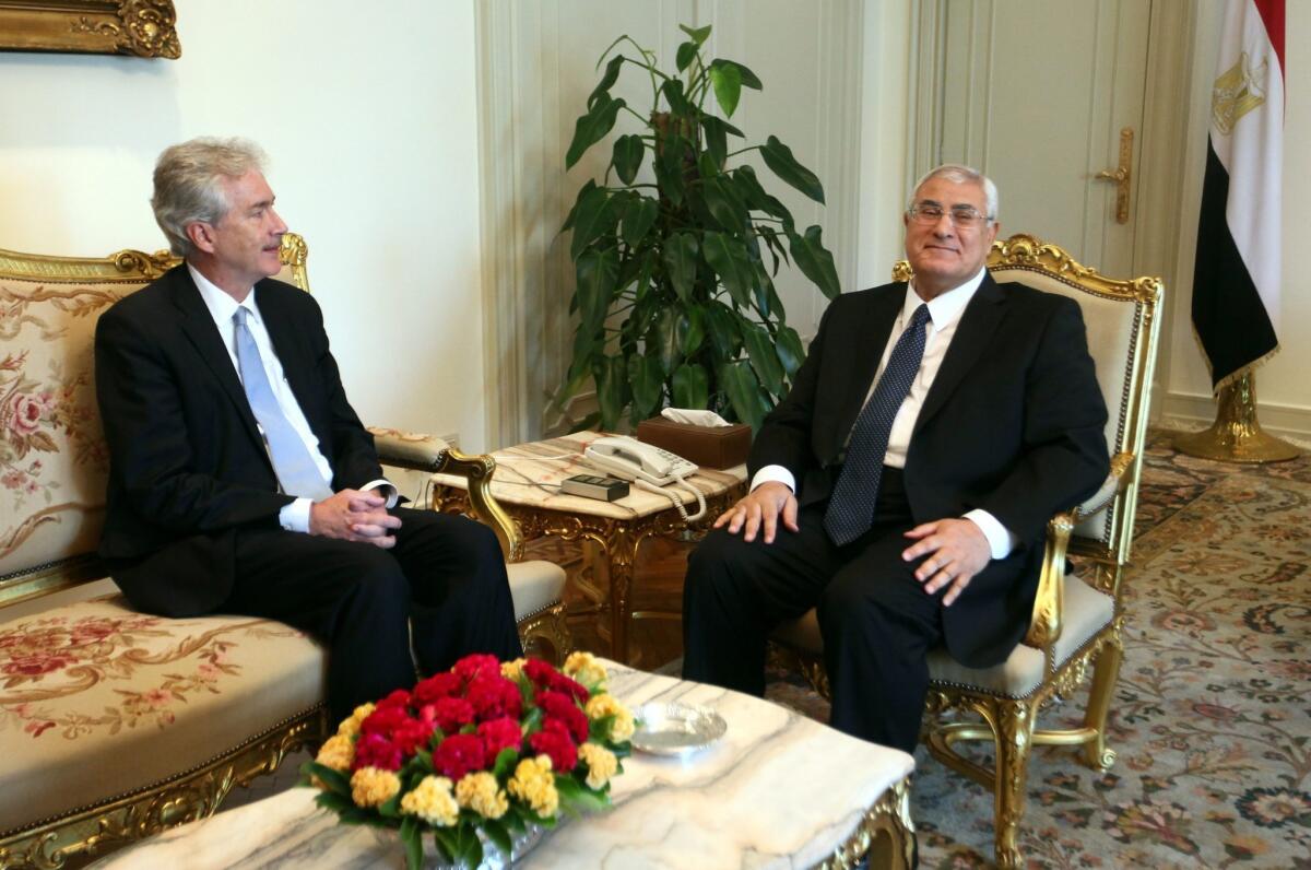 U.S. Deputy Secretary of State William J. Burns, left, meets with Egypt's interim president, Judge Adly Mansour, in Cairo.