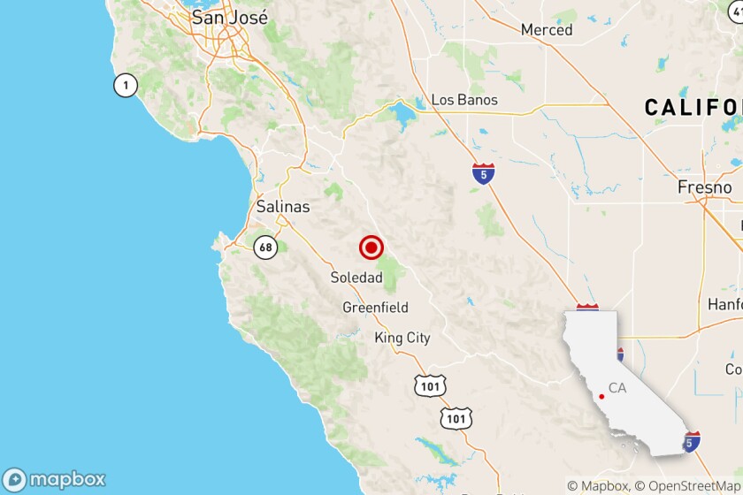 A magnitude 4.3 earthquake was reported eight miles from Soledad, Calif.