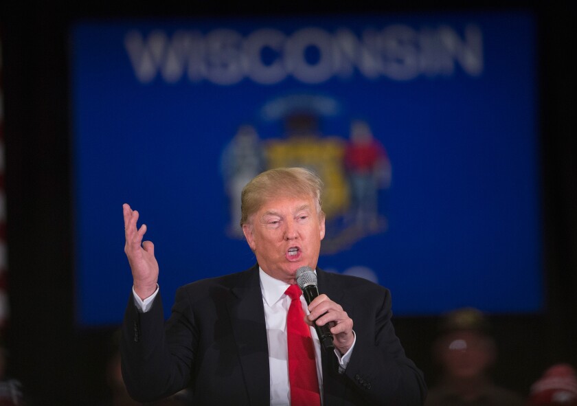 Republican presidential candidate Donald Trump speaks during a campaign rally in Appleton, Wisconsin.