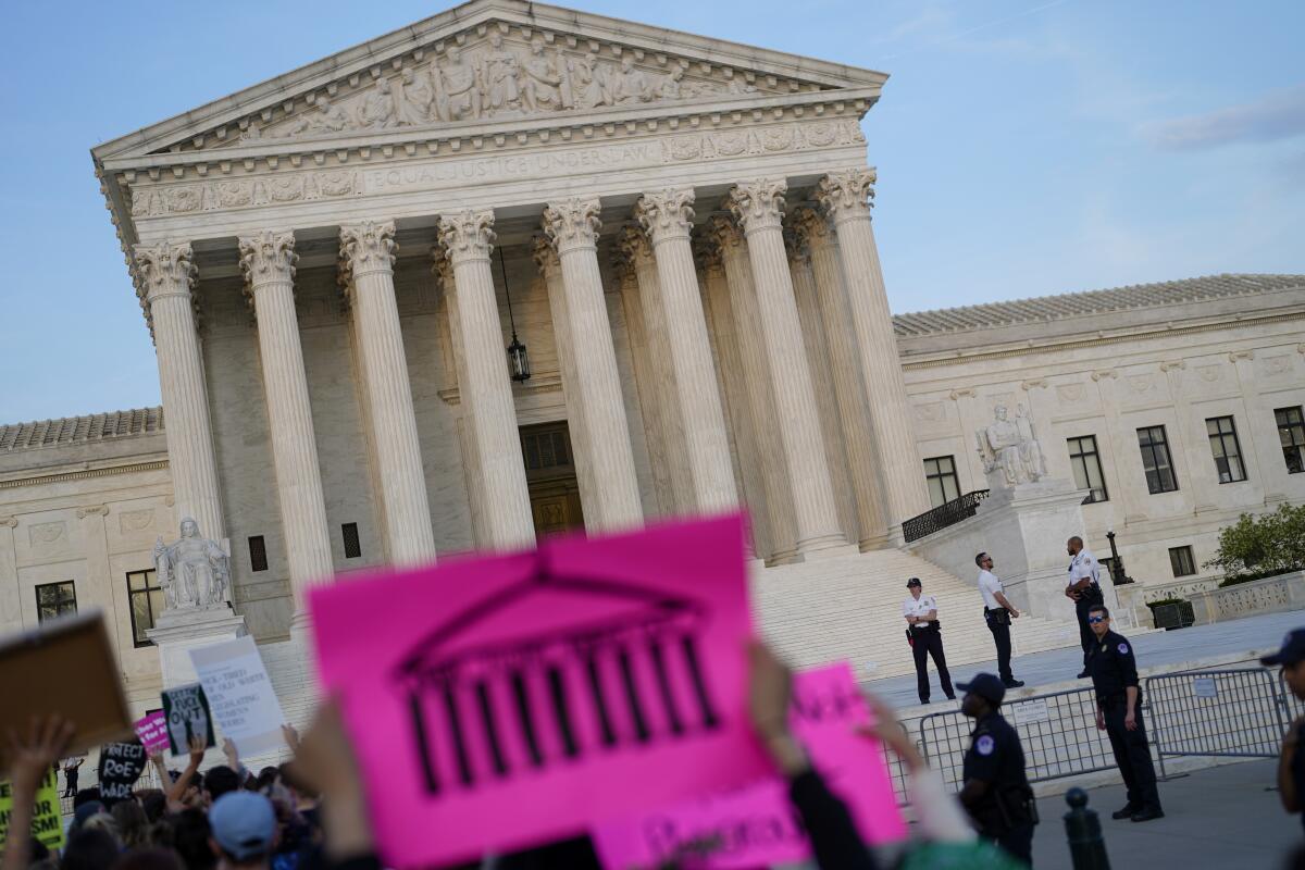 A protester holds up a bright pink sign that shows the Supreme Court building topped by a hanger.