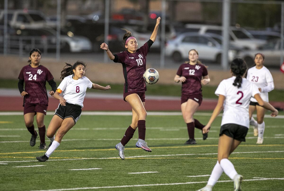 Ocean View's Maddie Rubio handles a ball at midfield against Victorville University Prep on Wednesday.
