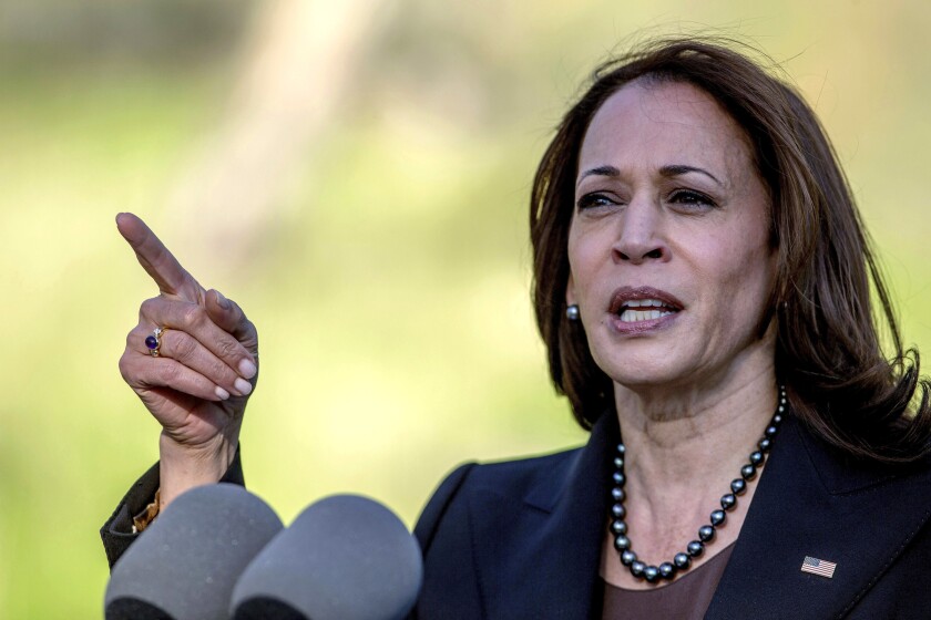 Vice President Kamala Harris speaks while touring a Forest Service Del Rosa Fire Station to promote wildfire fighting money included in the infrastructure bill passed last November Friday, Jan. 21, 2022 in San Bernardino, Calif. (Terry Pierson/The Orange County Register via AP)