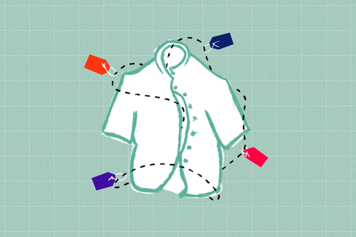 An illustration of a shirt surrounded by sale tags.