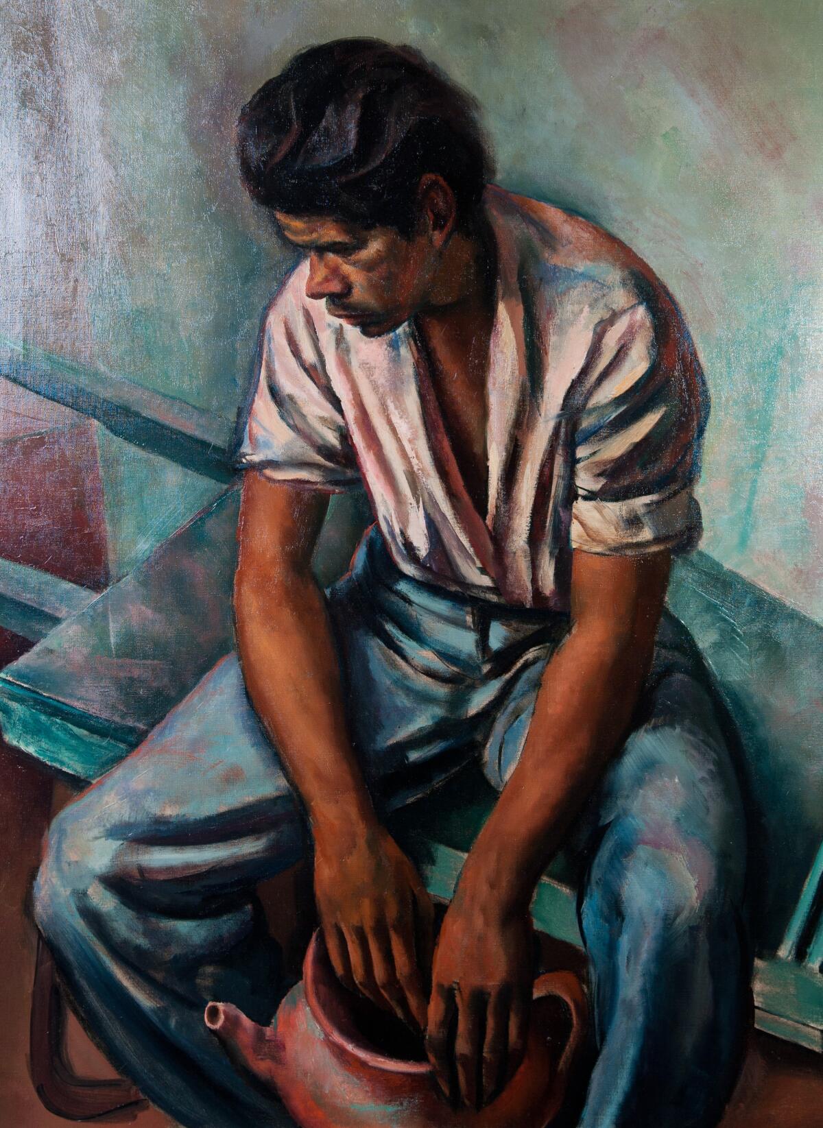An oil painting of a seated man