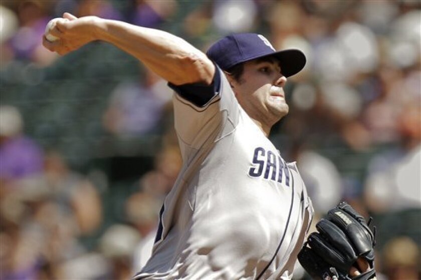 San Diego Padres starting pitcher Casey Kelly challenges Colorado Rockies' Dexter Fowler during the first inning of a baseball game, Sunday, Sept. 2, 2012, in Denver. (AP Photo/Barry Gutierrez)