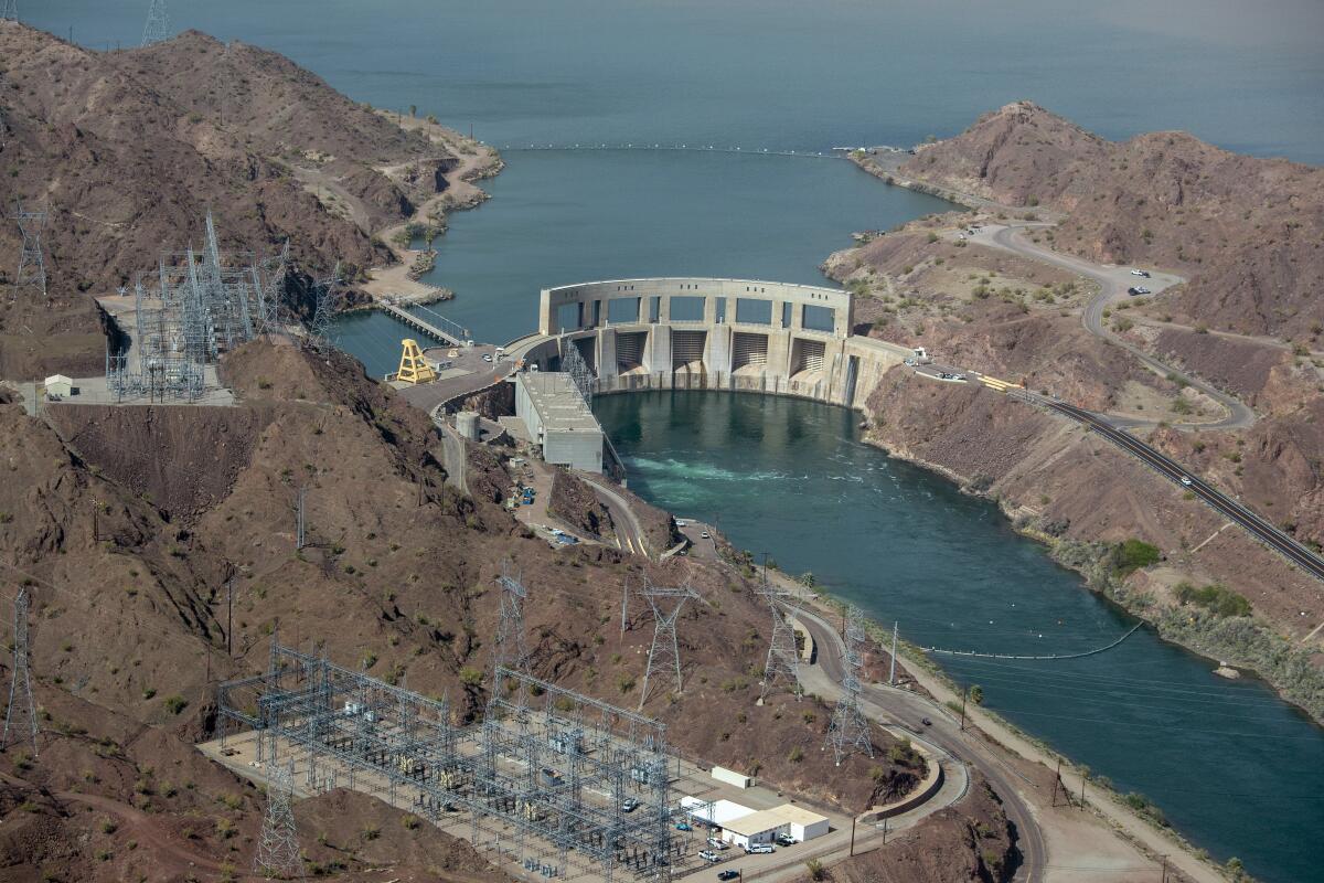 Parker Dam spans the Colorado River between Arizona and California. 