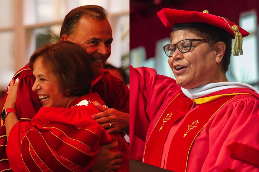 (L) Dr. Carol L. Folt, right, celebrates with USC Board of Trustees Chair Rick J. Caruso after being bestowed the Presidential Medallion of Office during Folt's inauguration as USC's 12th president on Friday September 20, 2019. Photo by Al Seib/Los Angeles Times (R) U.S. Rep. Karen Bass delivers the 2019 commencement at USC, May 10, 2019. Photo by Gus Ruelas.