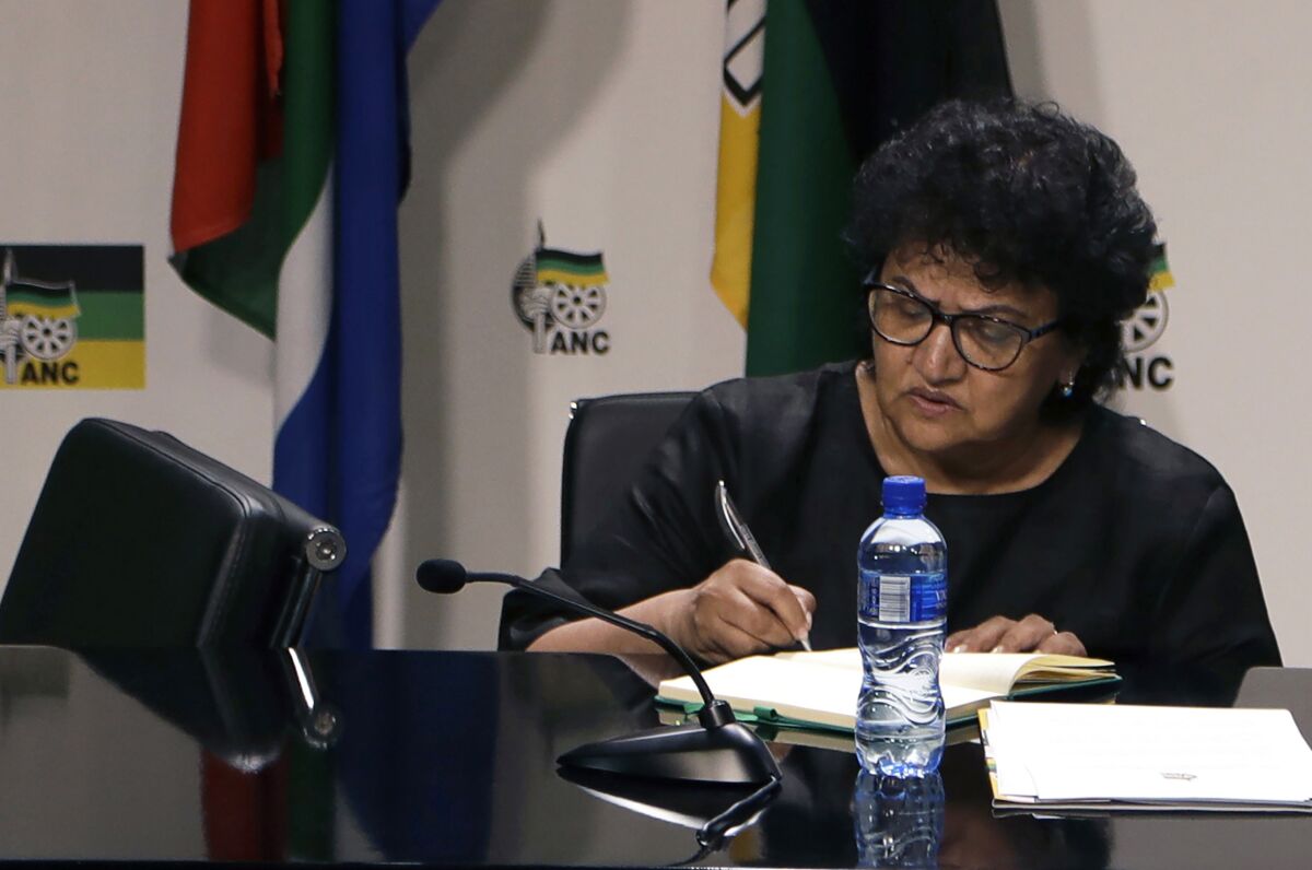 FILE - Deputy General Secretary of the African National Congress (ANC) Jesse Duarte sits at the ANC headquarters in downtown Johannesburg, Tuesday, Feb. 13, 2018. South African President Cyril Ramaphosa has paid tribute to Duarte, who died Sunday, July 17, 2022, after a long battle with cancer. (AP Photo/Themba Hadebe/File)