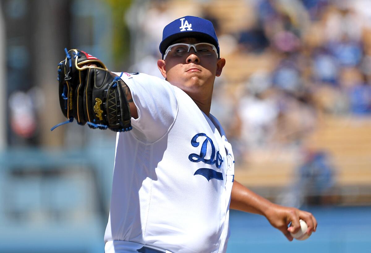 Dodgers pitcher Julio Urias was visibly shaken after he hit former Dodgers prospect Willie Calhoun in the face with a fastball during spring training Sunday.