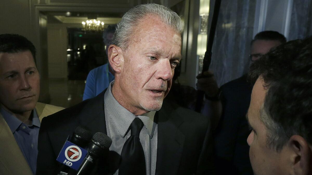 Indianapolis Colts owner Jim Irsay speaks to reporters during the NFL annual owners' meeting in San Francisco on Wednesday.
