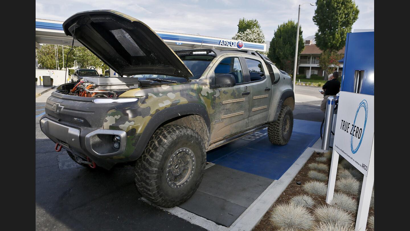 The United States Army's Tank Automotive Research, Development and Engineering Center showed off a hydrogen-fueled prototype Chevy Colorado ZH2, based on the ZR2, at the FirstElement Fuel's True Zero hydrogen station in La Cañada Flintridge on Thursday, July 13, 2017. The vehicle has a fuel capacity of 4.2 kg. of hydrogen and can go about 110 to 220 miles, depending on use and terrain.