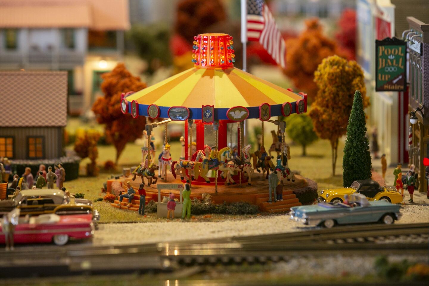 David Lizerbram and his wife Mana Monzavi took over the Old Town Model Railroad Depot, which was in danger of closing. The extensive train layout and its detailed and sometimes humorous dioramas was photographed on Friday, Dec. 13, 2019, at its Old Town, San Diego location. A carousel along the tracks.